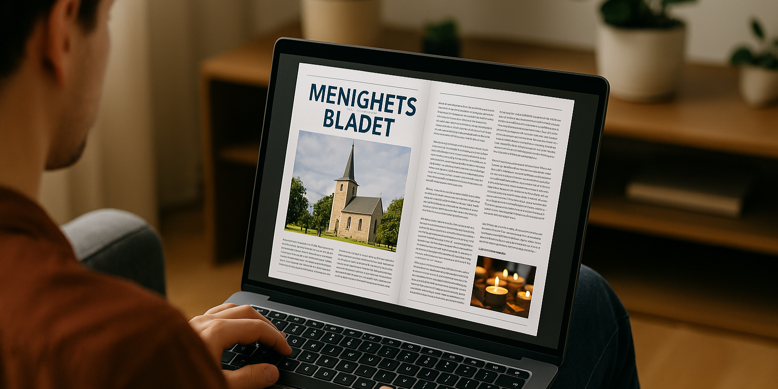 En person sitter i en sofa og leser menighetsbladet på en bærbar PC. På skjermen vises et digitalt oppslag med tittelen «Menighetsbladet», et bilde av en kirke og flere spalter med tekst. I bakgrunnen står grønne potteplanter på en hylle i et lyst og moderne rom. Illustrasjon